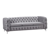 3 Seater Sofa Classic Button Tufted Lounge in Grey Velvet Fabric with Metal Legs.