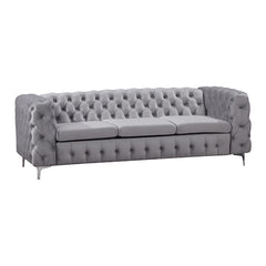 3 Seater Sofa Classic Button Tufted Lounge in Grey Velvet Fabric with Metal Legs.