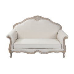 Oak Wood White Washed Finish Rolled Armrest 2 Seater Sofa Linen Fabric.