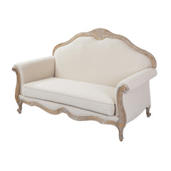 Oak Wood White Washed Finish Rolled Armrest 2 Seater Sofa Linen Fabric.