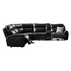 6 Seater Corner Sofa with Genuine Leather Black Armless Recliners Straight Console Lounge Set for Living Room.