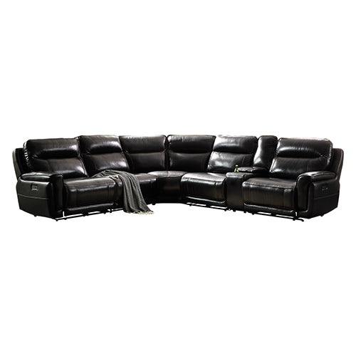 6 Seater Corner Sofa with Genuine Leather Black Armless Recliners Straight Console Lounge Set for Living Room.