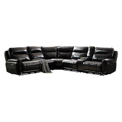 6 Seater Corner Sofa with Genuine Leather Black Armless Recliners Straight Console Lounge Set for Living Room.