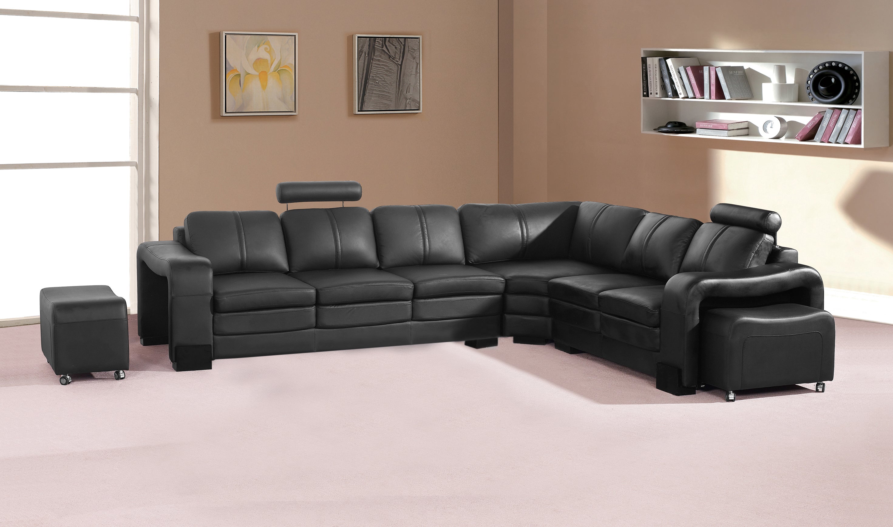 Lounge Set Luxurious 6 Seater Faux Leather Corner Sofa Living Room Couch in Black with 2x Ottomans.