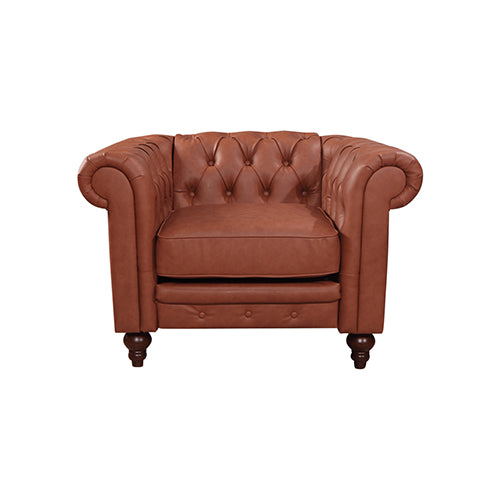 Single Seater Brown Sofa Armchair for Lounge Chesterfireld Style Button Tufted in Faux Leather.
