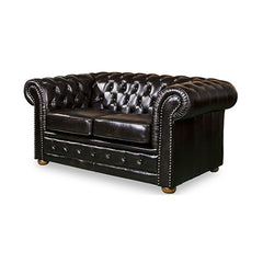 2 Seater Genuine Leather Upholstery Deep Quilting Pocket Spring Button Studding Sofa Lounge Set for Living Room Couch In Brown Colour.