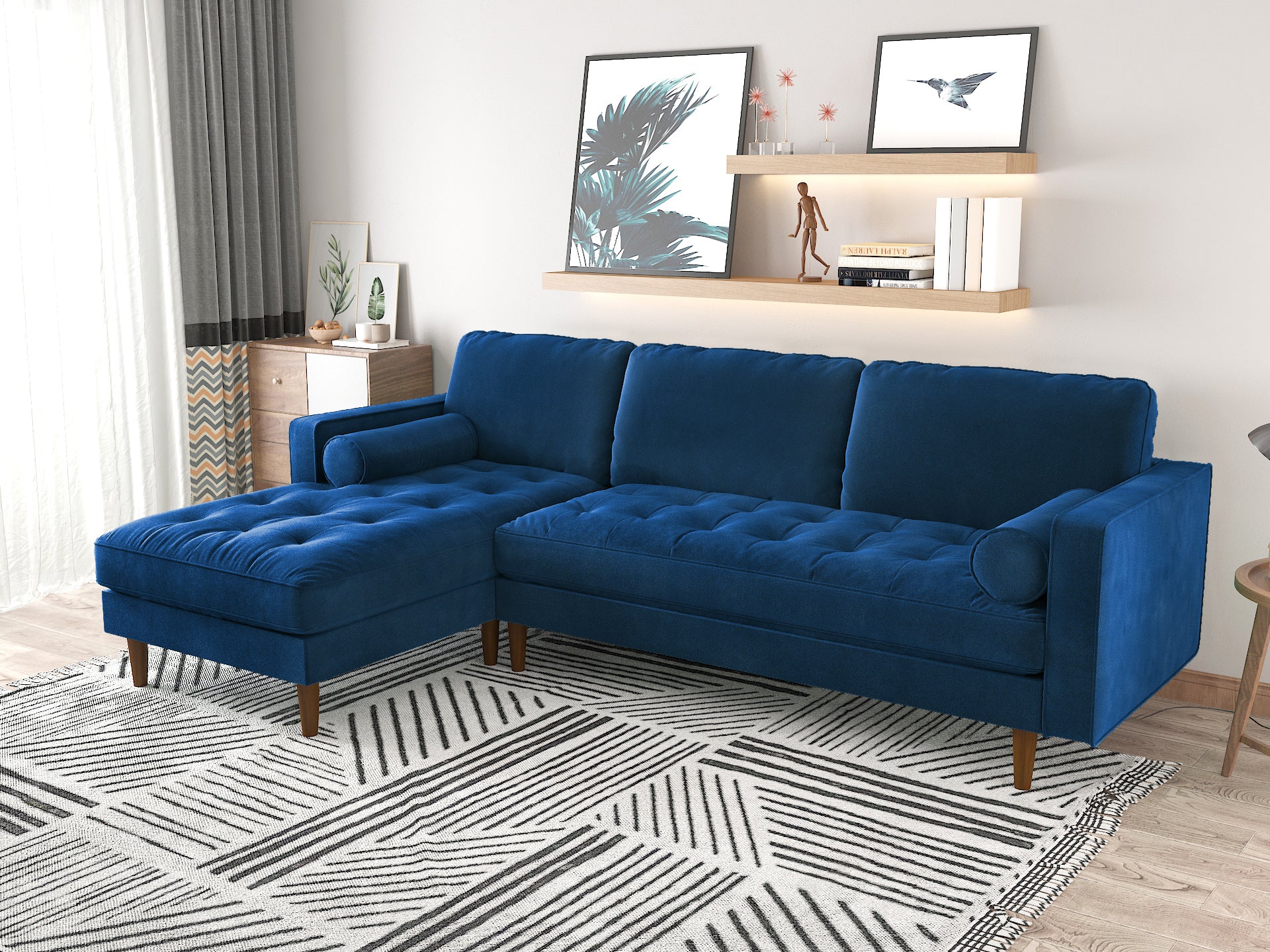 Velvet Upholstery 2 Seater Tufted Sofa Blue Color Lounge Set for Living Room Couch with Chaise.