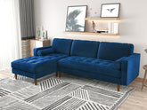 Velvet Upholstery 2 Seater Tufted Sofa Blue Color Lounge Set for Living Room Couch with Chaise.