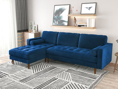 Velvet Upholstery 2 Seater Tufted Sofa Blue Color Lounge Set for Living Room Couch with Chaise.