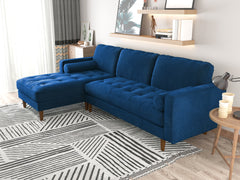 Velvet Upholstery 2 Seater Tufted Sofa Blue Color Lounge Set for Living Room Couch with Chaise.