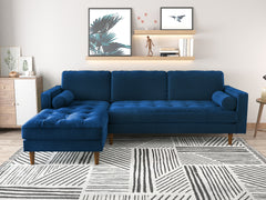 Velvet Upholstery 2 Seater Tufted Sofa Blue Color Lounge Set for Living Room Couch with Chaise.