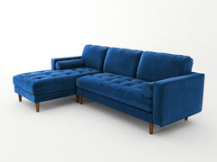 Velvet Upholstery 2 Seater Tufted Sofa Blue Color Lounge Set for Living Room Couch with Chaise.