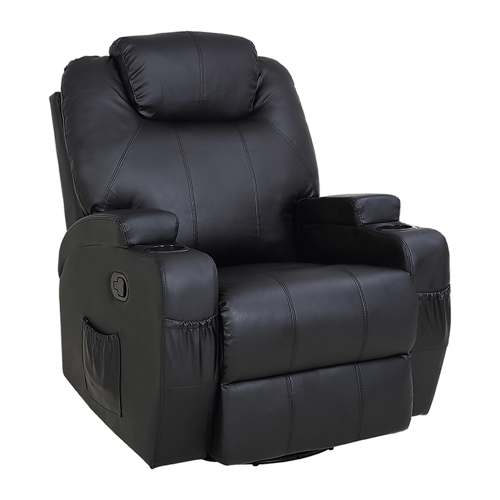 Black Massage Sofa Chair Recliner 360 Degree Swivel PU Leather Lounge 8 Point Heated.