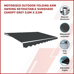 Motorised Outdoor Folding Arm Awning Retractable Sunshade Canopy Grey 5.0m x 2.5m