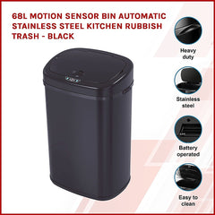 68L Motion Sensor Bin Automatic Stainless Steel Kitchen Rubbish Trash - Black
