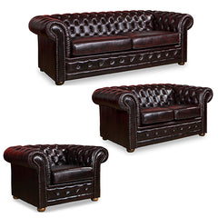 3+2+1 Seater Genuine Leather Upholstery Deep Quilting Pocket Spring Button Studding Sofa Lounge Set for Living Room Couch In Burgandy Colour.