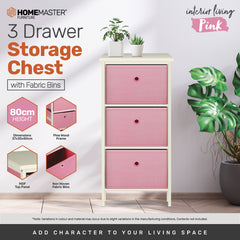 Home Master 3 Drawer Pine Wood Storage Chest Pink Fabric Baskets 70 x 80cm