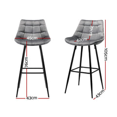 Artiss Set of 2 Velvet Bar Stools - Grey