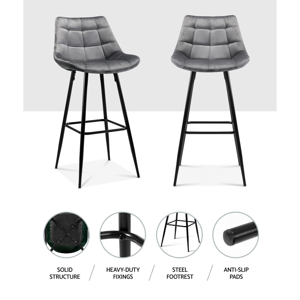 Artiss Set of 2 Velvet Bar Stools - Grey