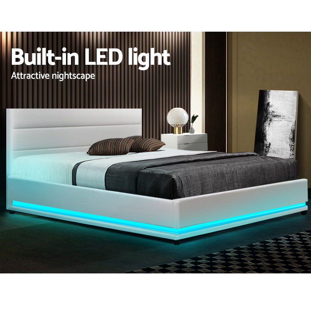 Artiss Lumi LED Bed Frame PU Leather Gas Lift Storage - White Double