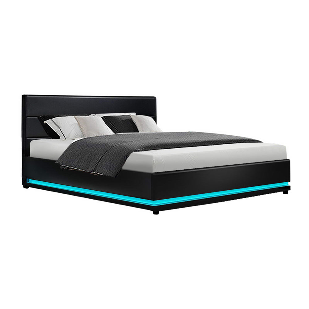 Artiss Lumi LED Bed Frame PU Leather Gas Lift Storage - Black Queen