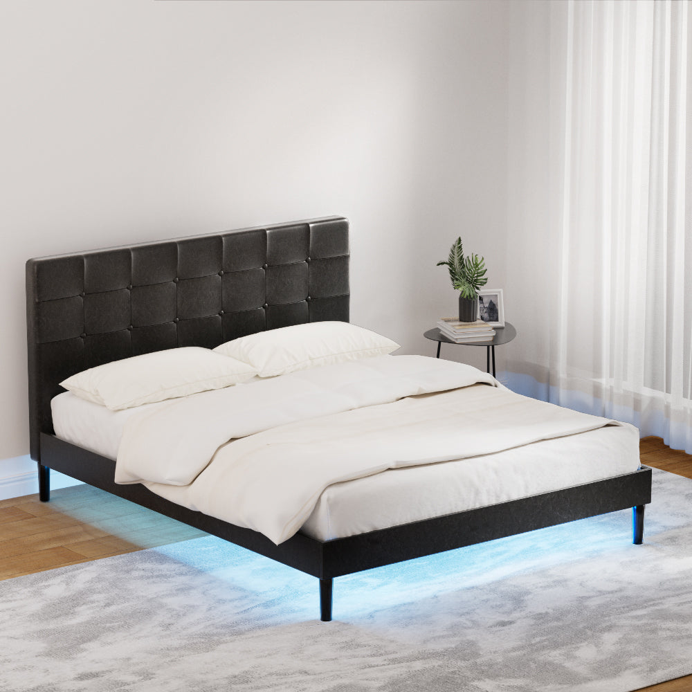 Artiss Bed Frame Queen Bed Base w LED Lights Charge Ports Black Leather RAVI