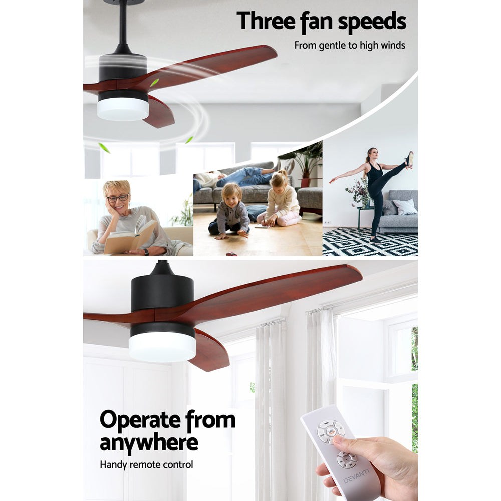 Devanti 52'' Ceiling Fan LED Light Remote Control Wooden Blades Dark Wood Fans