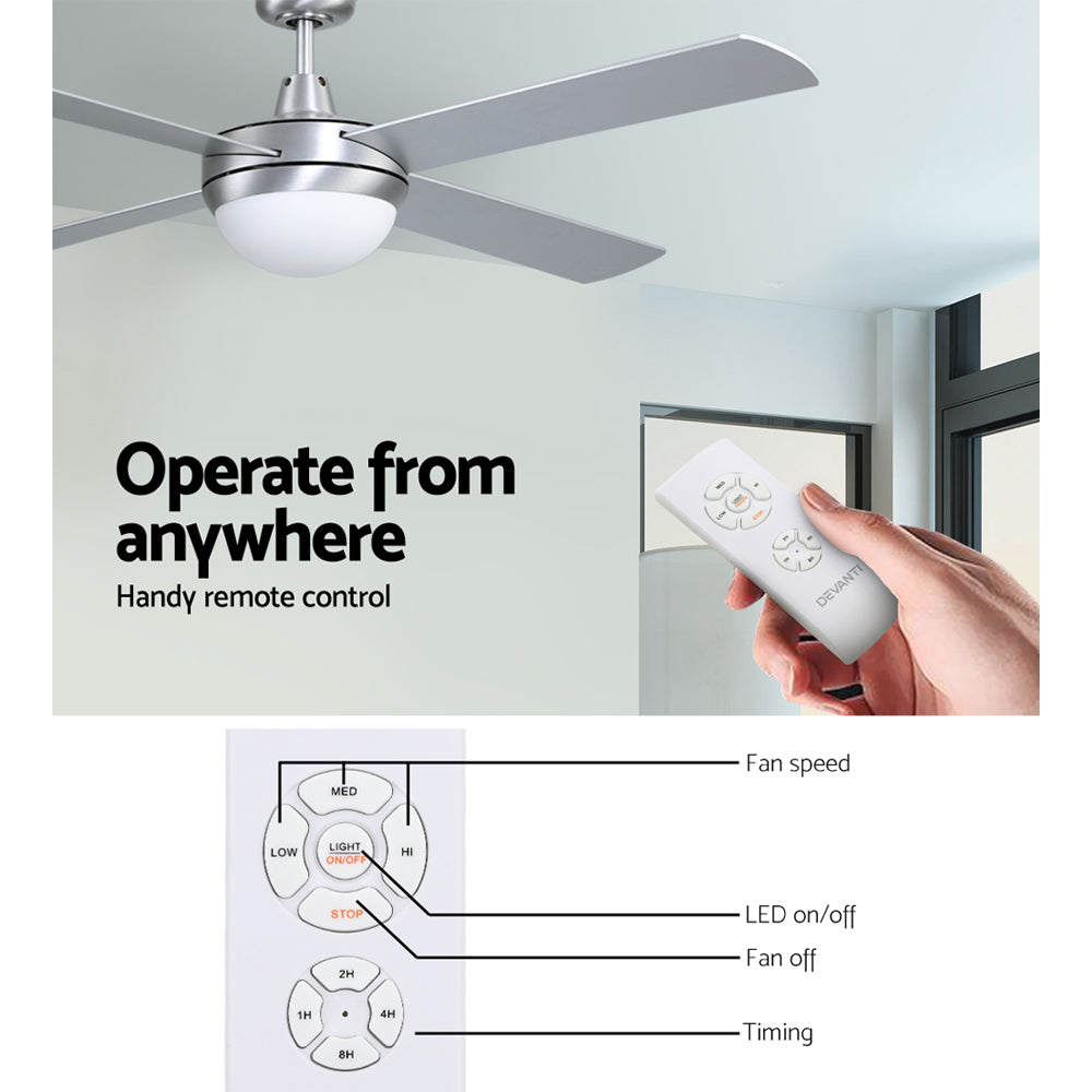 Devanti 52'' Ceiling Fan w/Light w/Remote Timer - Silver