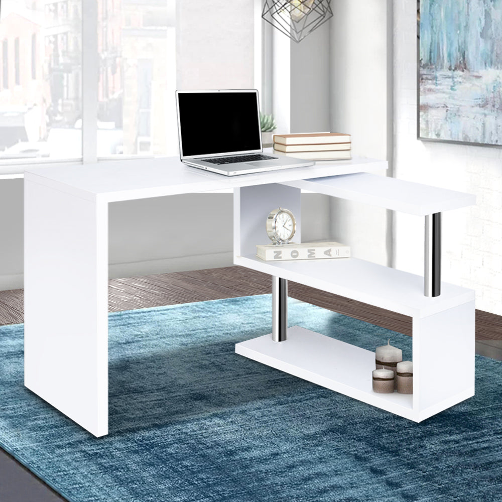 Artiss Rotary Corner Desk with Bookshelf - White