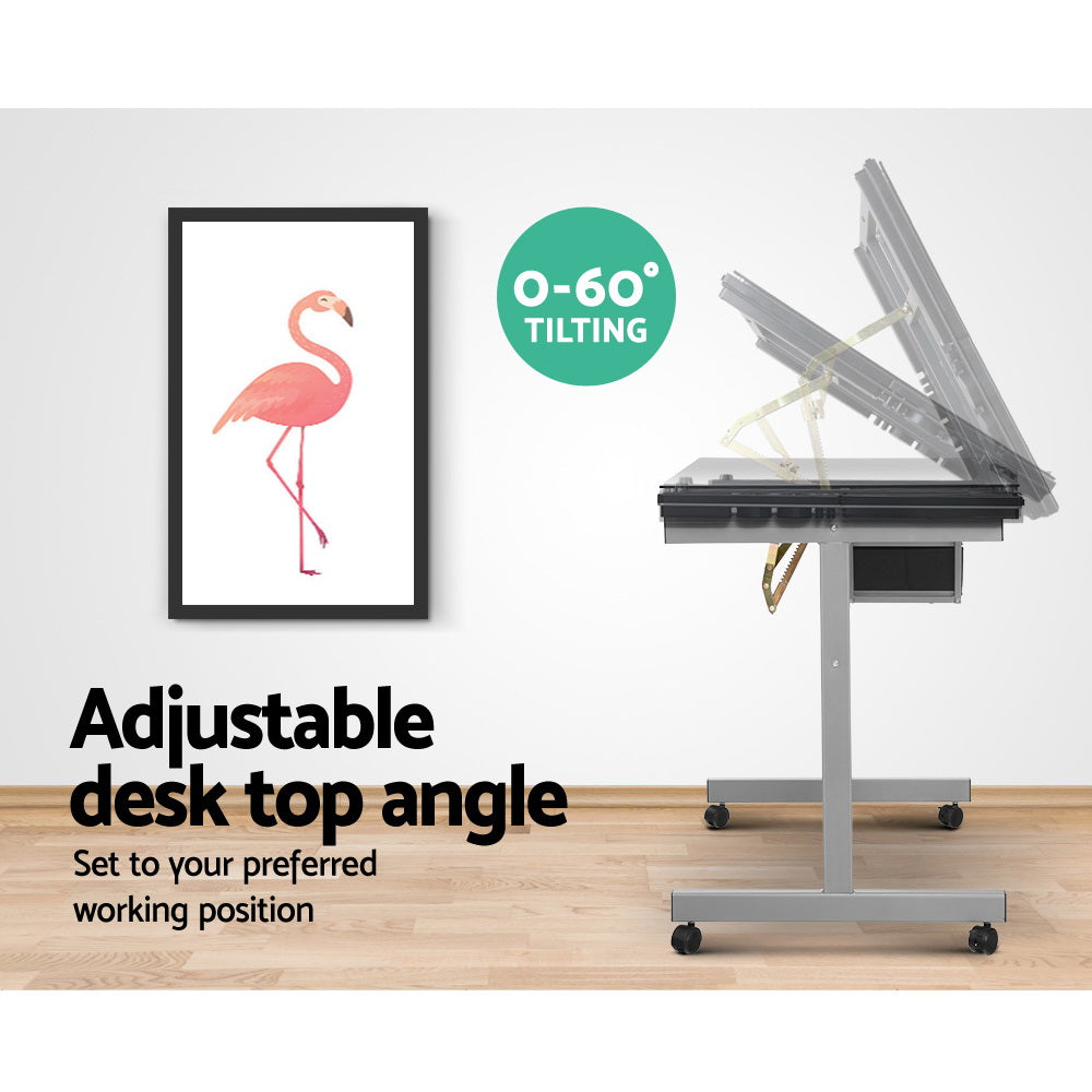 Artiss Drawing Desk Drafting Table Craft Adjustable Glass Art Tilt Drawers Grey