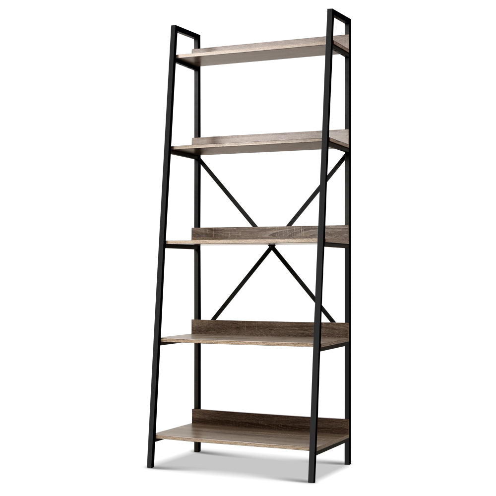 Artiss Bookshelf 5Tier Metal Bookcase Bookshelves Oak Book Shelf Display Storage