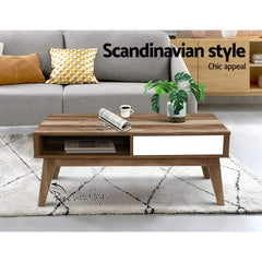 Artiss Coffee Table 2 Storage Drawers Open Shelf Scandinavian Wooden White