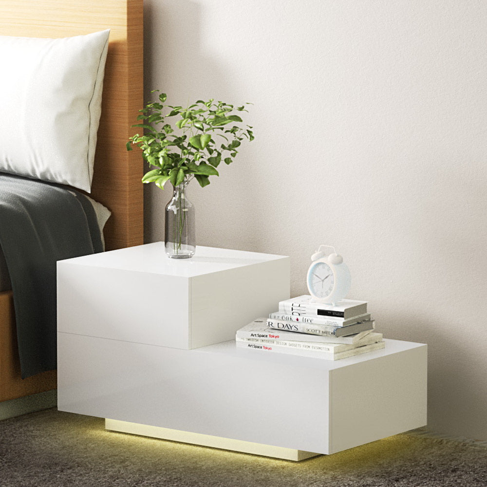 Artiss Bedside Tables 2 Drawers Side Table RGB LED High Gloss Nightstand White