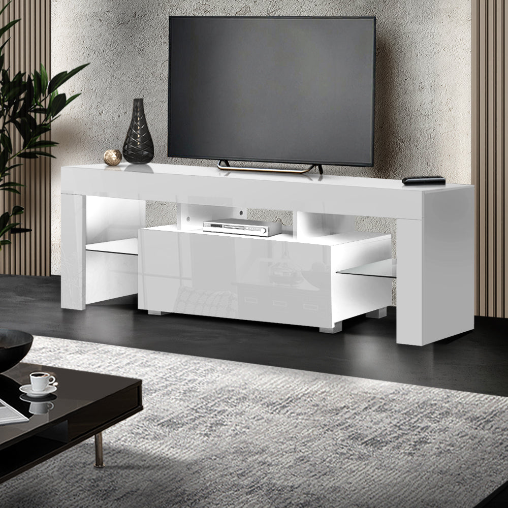 Artiss 130cm RGB LED TV Stand Cabinet Entertainment Unit Gloss Furniture Drawer Tempered Glass Shelf White