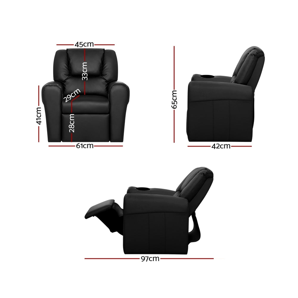 Keezi Kids Recliner Chair Black PU Leather Sofa Lounge Couch Children Armchair.
