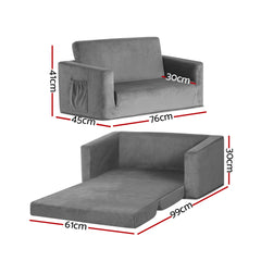 Keezi Kids Convertible Sofa 2 Seater Children Flip Open Couch Lounger Grey.