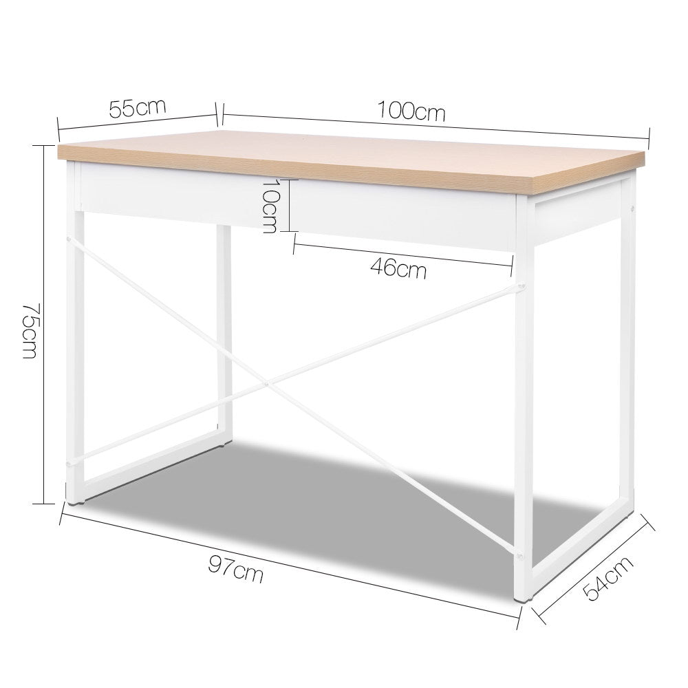 Artiss Metal Desk with Drawer - White with Wooden Top