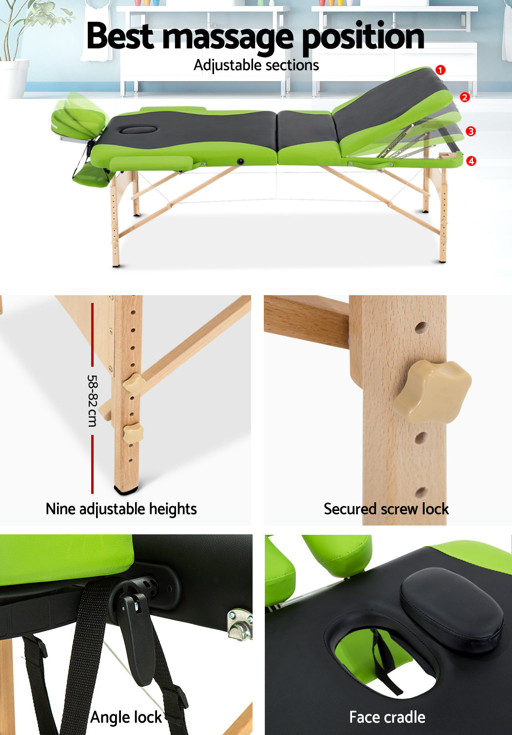 Zenses 3 Fold Portable Wood Massage Table - Black & Lime