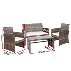 Gardeon Set of 4 Outdoor Lounge Setting Rattan Patio Wicker Dining Set Mixed Grey