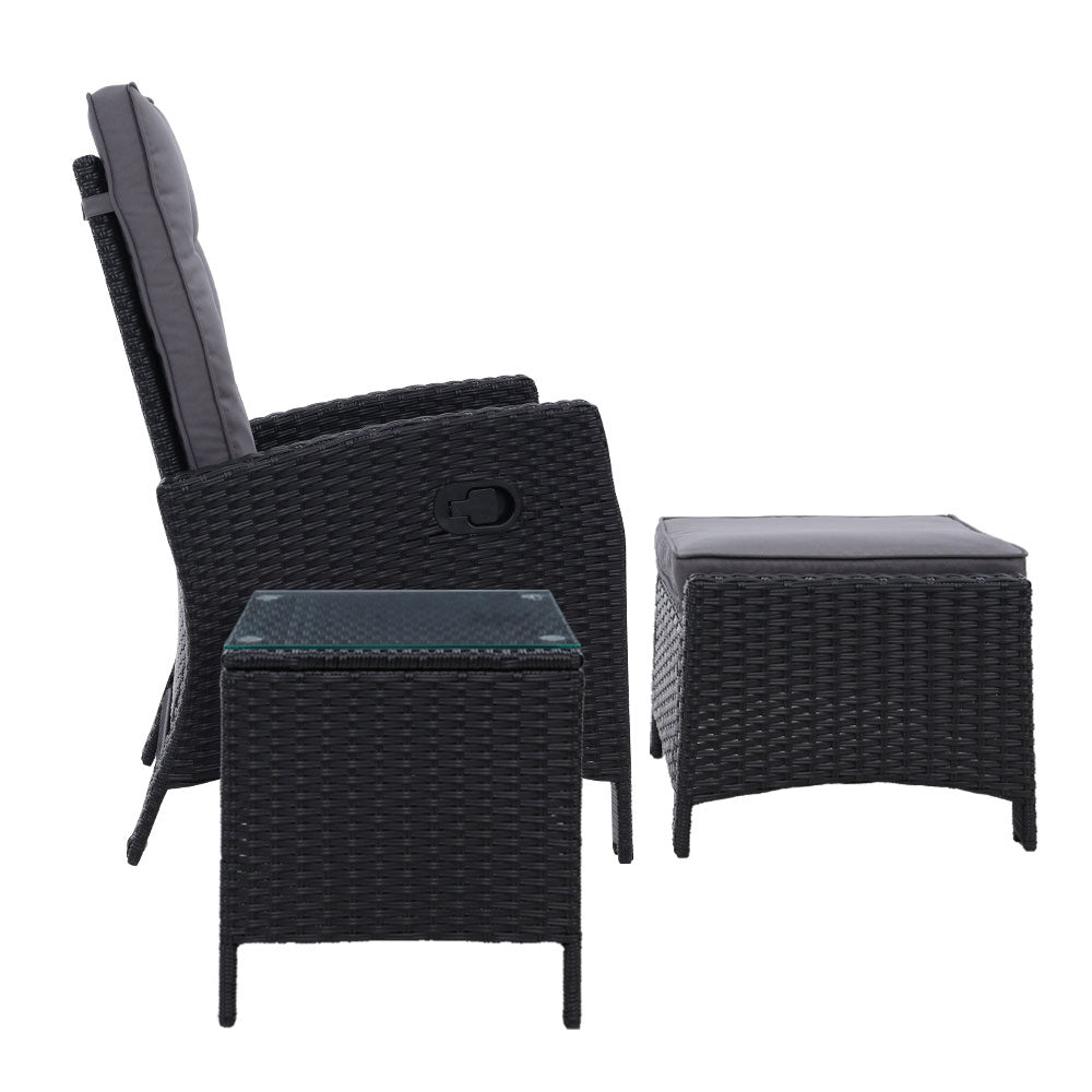 Gardeon Outdoor Setting Recliner Chair Table Set Wicker lounge Patio Furniture Black