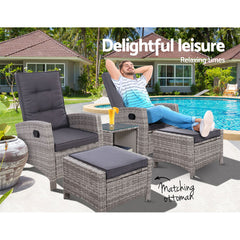 Gardeon Outdoor Patio Furniture Recliner Chairs Table Setting Wicker Lounge 5pc Grey