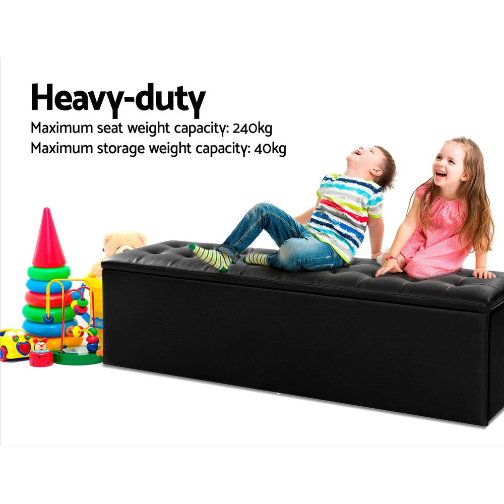 Artiss Storage Ottoman Blanket Box Black LARGE Leather Rest Chest Toy Foot Stool