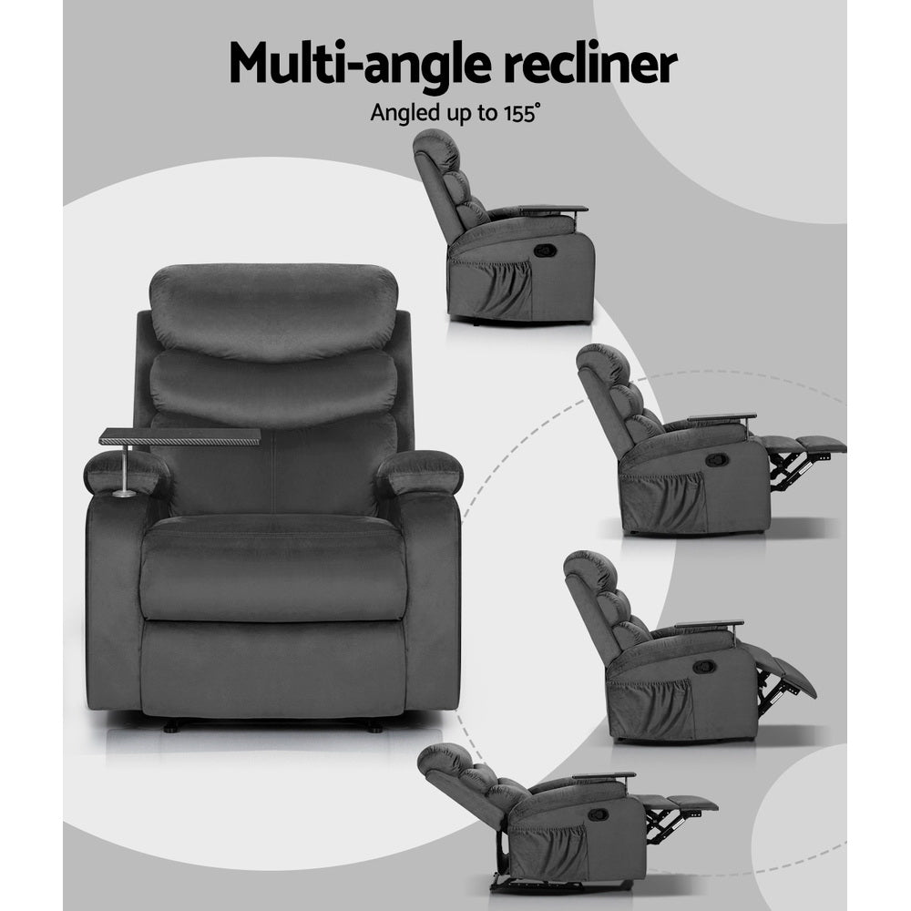 Artiss Recliner Chair Armchair Lounge Sofa Chairs Couch Velvet Grey Tray Table