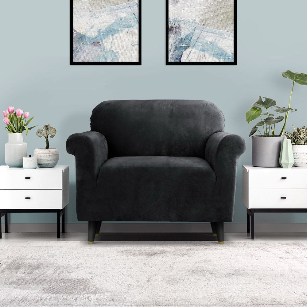 Artiss Velvet Sofa Cover Plush Couch Cover Lounge Slipcover 1 Seater Black.