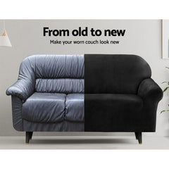 Artiss Velvet Sofa Cover Plush Couch Cover Lounge Slipcover 3 Seater Black.