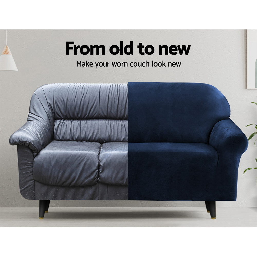 Artiss Velvet Sofa Cover Plush Couch Cover Lounge Slipcover 4 Seater Sapphire.