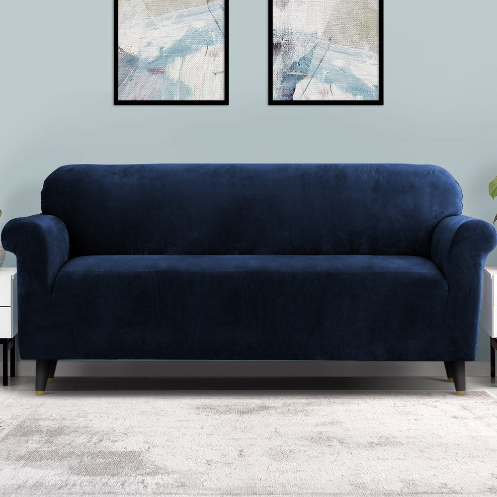 Artiss Velvet Sofa Cover Plush Couch Cover Lounge Slipcover 4 Seater Sapphire.