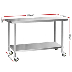 Cefito 430 Stainless Steel Kitchen Benches Work Bench Food Prep Table with Wheels 1524MM x 610MM