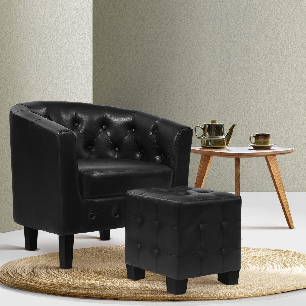 Artiss Armchair Lounge Chair Ottoman Tub Accent Chairs PU Leather Sofa Armchairs Black.