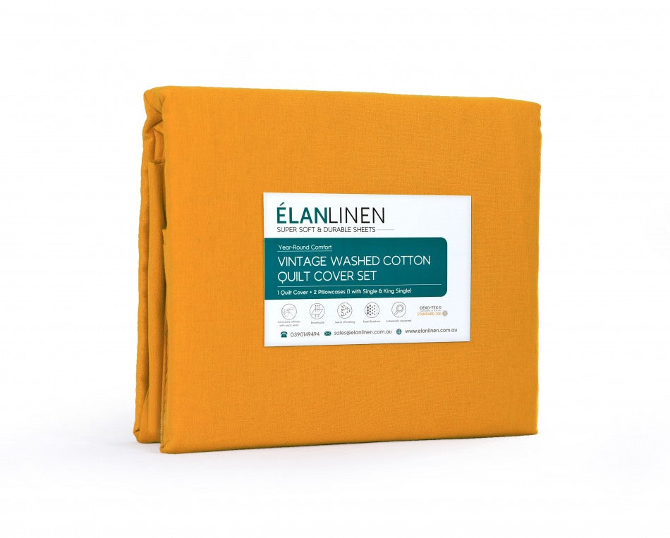 Elan Linen 100% Egyptian Cotton Vintage Washed 500TC Mustard King Quilt Cover Set